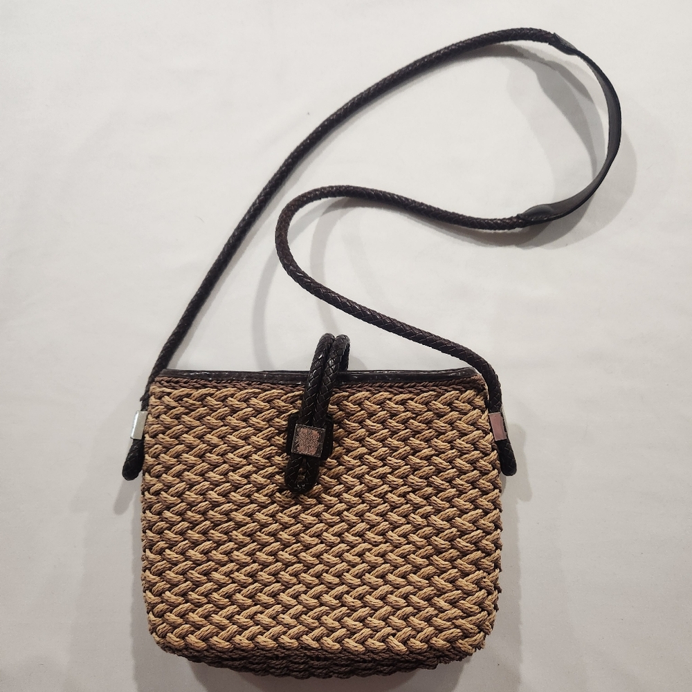 Brighton Woven Straw Shoulder Crossbody Bag w Braided Leather Strap